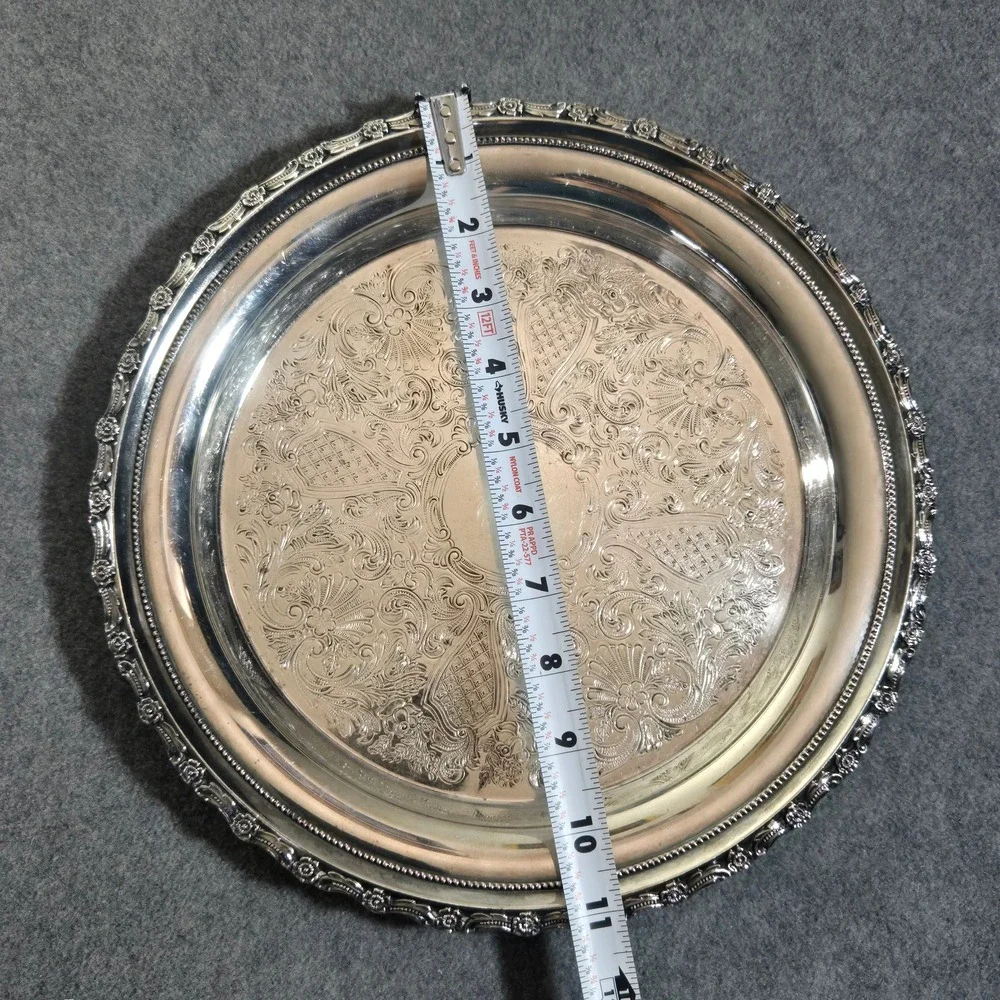 Lunt Silverplate Round Serving Tray Repousse Floral Scalloped Edge 12 Inch